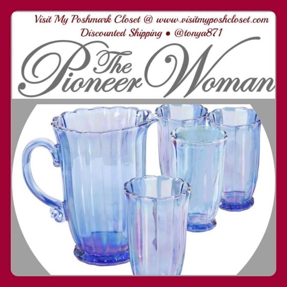 🦋 RARE! 🦋 New Pioneer Woman Blue Iridescent Pitcher & 4 Glass Tumblers - Picture 3 of 6